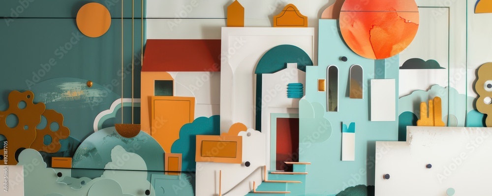 Trendy paper collage design of a house with colorful trees. Trendy paper collage design of a house with colorful trees.