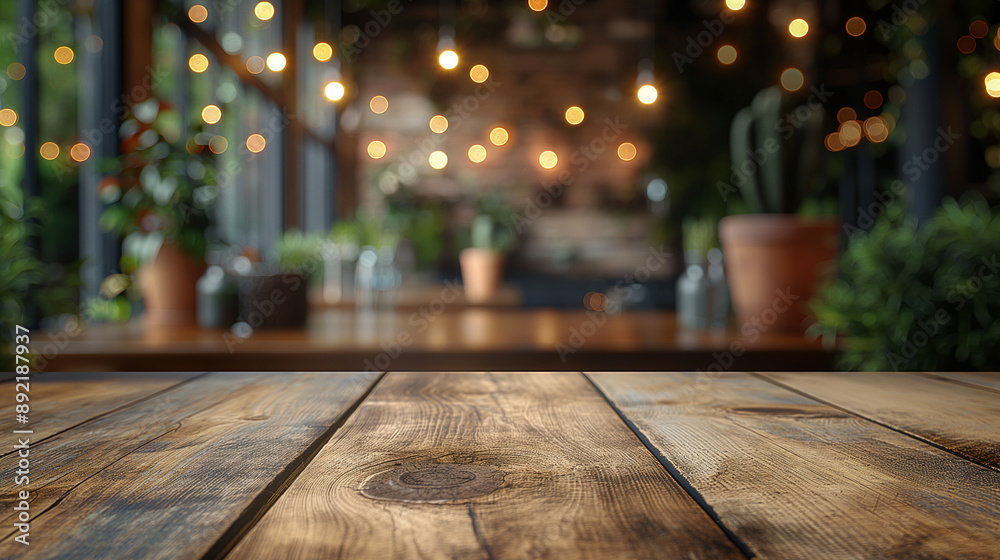 Empty wooden table top with lights bokeh on blur restaurant background. Empty wooden table top with lights bokeh on blur restaurant background.