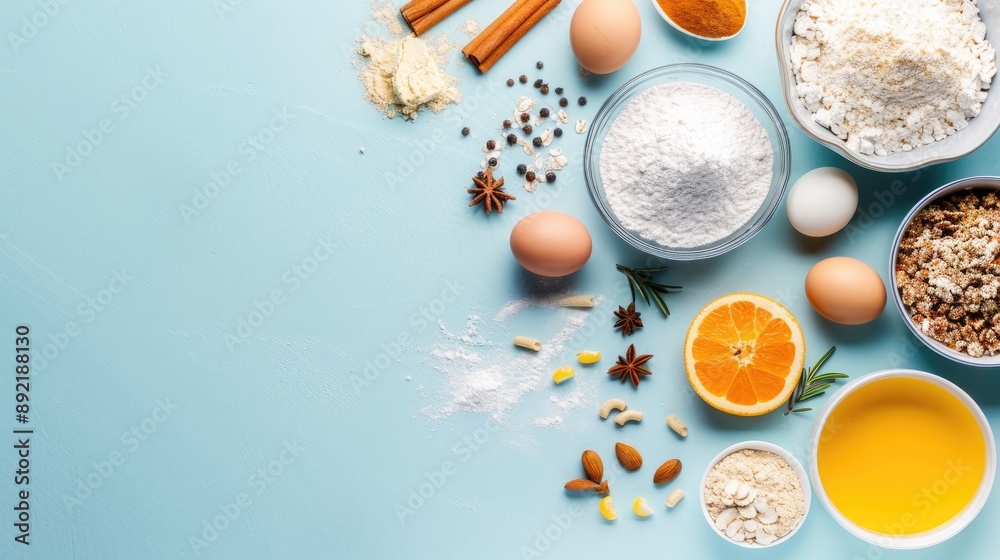 Baking ingredients on light blue background with text space Baking ingredients on light blue background with text space