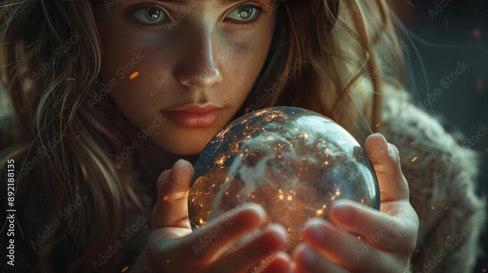 Naklejka premium Girl holding glowing globe with intense stare, ethereal.
