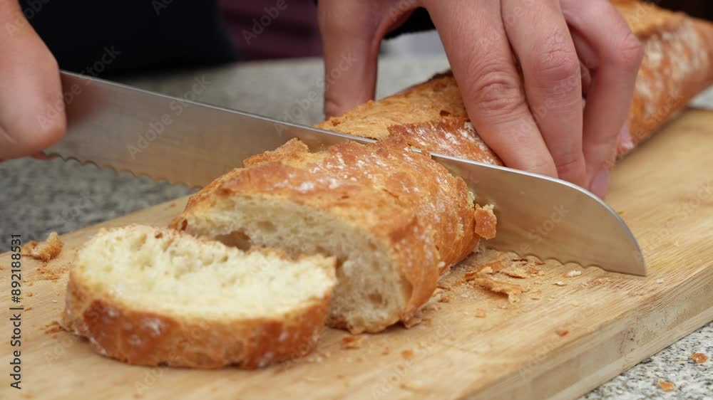 A woman's hands slicing a fresh baguette. A woman's hands slicing a fresh baguette.
