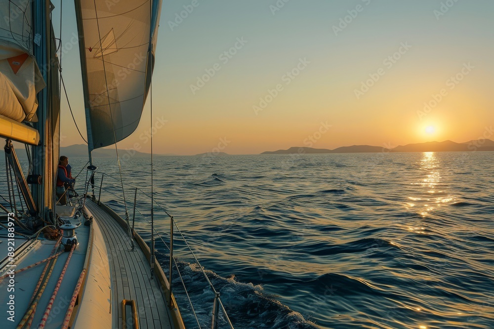 Obraz premium Sailing at Sunset on a Calm Sea
