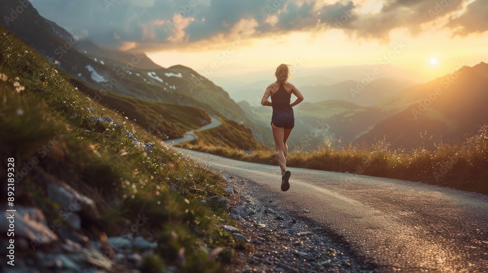 Obraz premium moving shot of woman running on a mountain road at