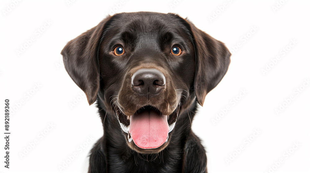 Close-up of a happy black Labrador Retriever with a joyful expression and a big smile on a white background. Close-up of a happy black Labrador Retriever with a joyful expression and a big smile on a white background.