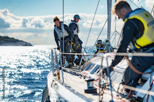 Sailors Working on a Yacht in Blue Water