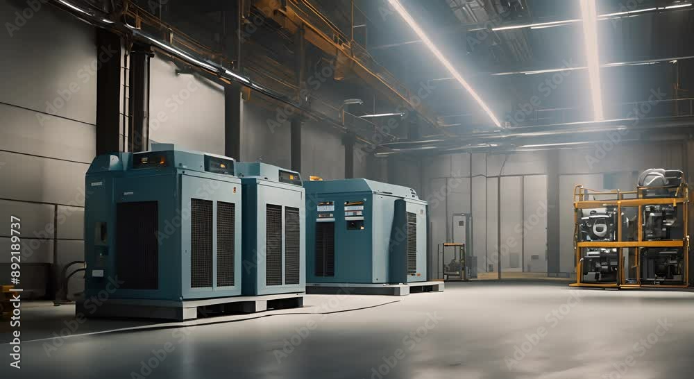Generator room with two generators in factory standby for power backup Diesel generator for factory work 4k animation