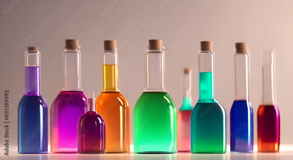 Multiple glass flasks filled with colorful liquids lined up in a row Blend organic and synthetic elements to evoke the essence of biotechnology 4k animation Multiple glass flasks filled with colorful liquids lined up in a row Blend organic and synthetic elements to evoke the essence of biotechnology 4k animation