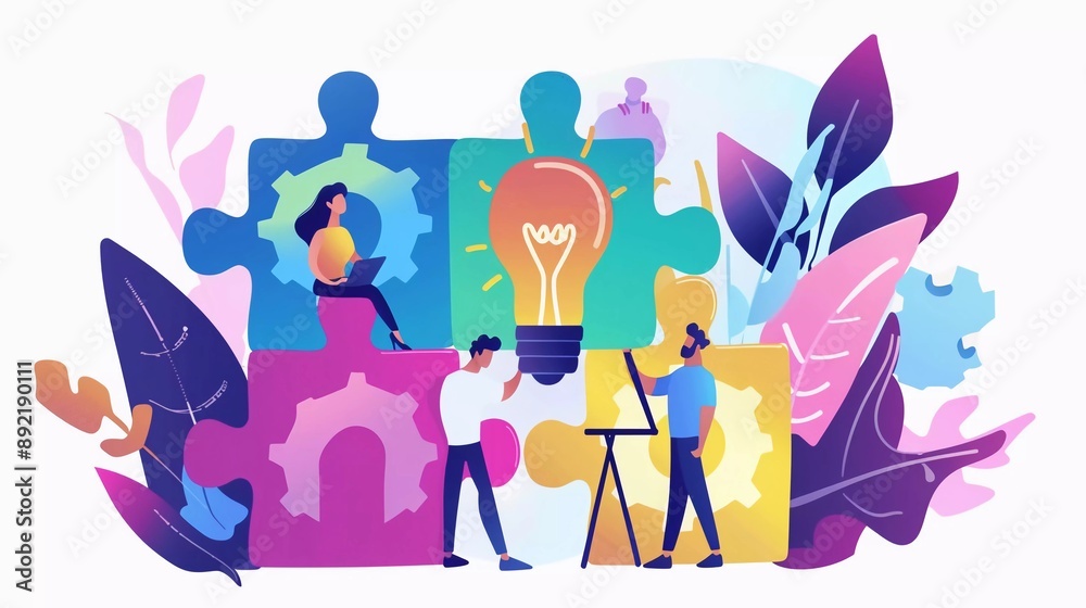 Idea as the beginning of a successful startup. Teamwork, working on a project, connecting puzzles, generating an idea. Very cool concept illustration