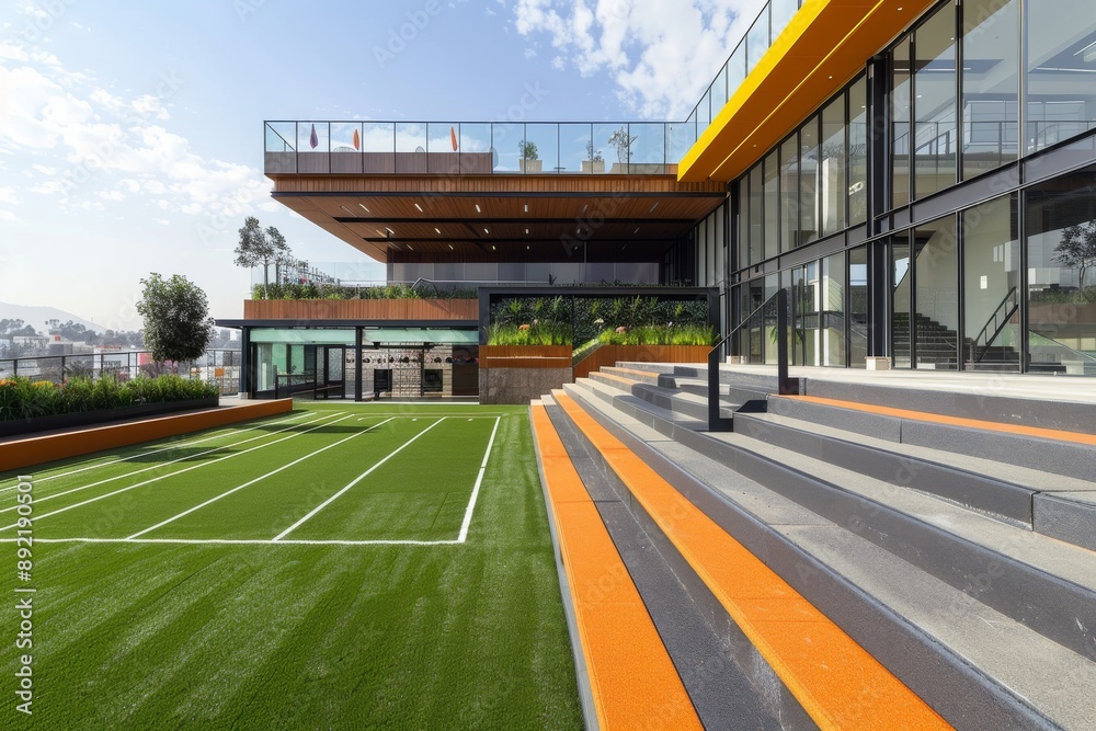 Modern Building with Green Roof and Outdoor Sports Court Modern Building with Green Roof and Outdoor Sports Court