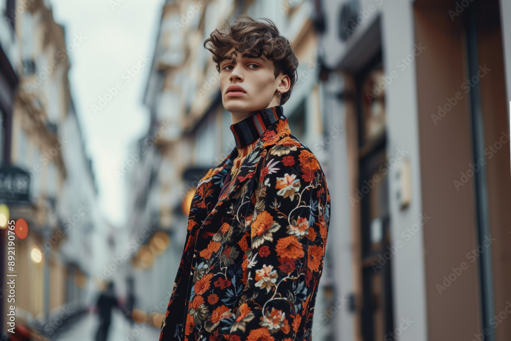 A young man with dark curly hair is walking down a city street. He is wearing a black and orange floral jacket, a high-necked shirt, and a serious expression on his face