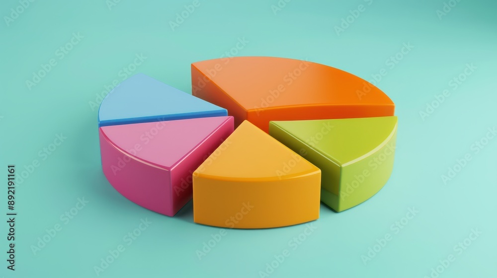 Fototapeta premium Pie chart with segments, bright colors, soft shadows, realistic, studio lighting