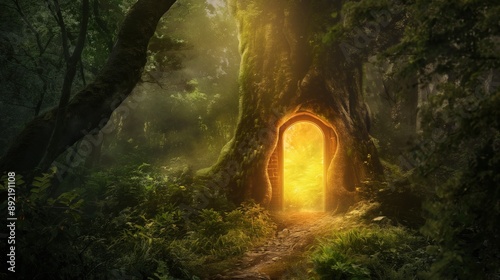 Mystical portal glowing in a dense forest, inviting adventurers to explore unknown realms and embark on a magical journey beyond the natural world © Mars0hod