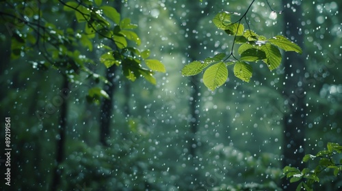 A lush forest scene with raindrops glistening on green leaves, creating a tranquil and refreshing atmosphere.