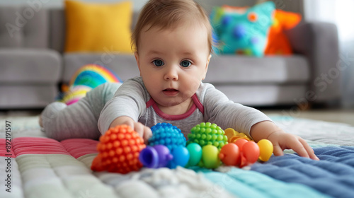 baby playing with toys, A Brightly colored and toys designed for tummy time, encouraging a baby to lift their head and explore