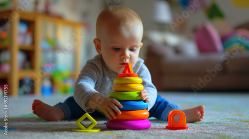 A Rings Brightly colored rings and shape sorters, with a baby playing and learning how to stack or sort them