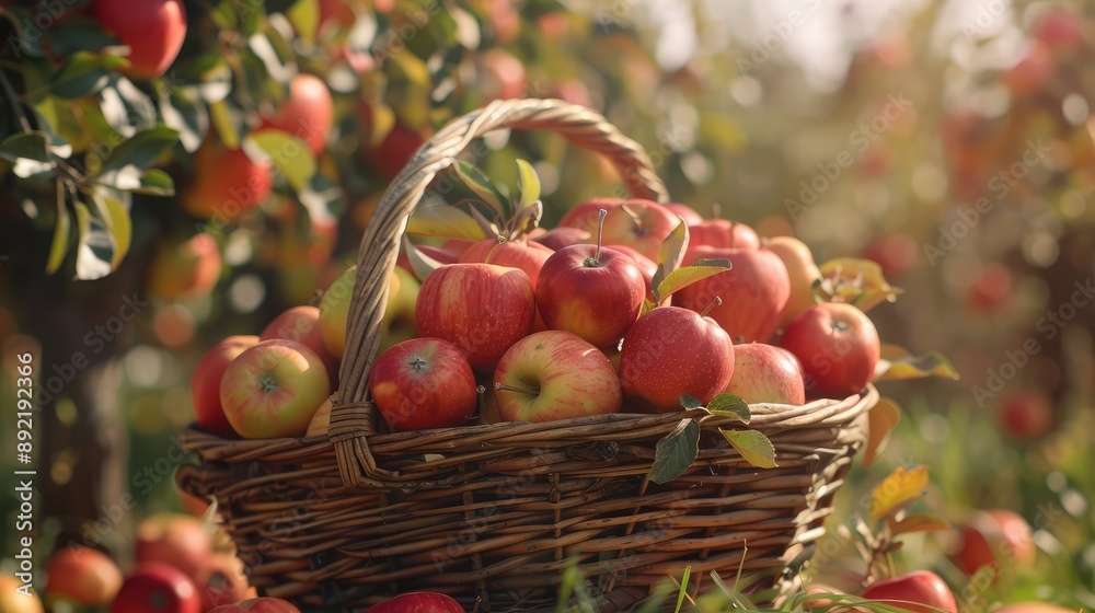 A basket filled with fresh apples in an orchard during harvest season. A basket filled with fresh apples in an orchard during harvest season.