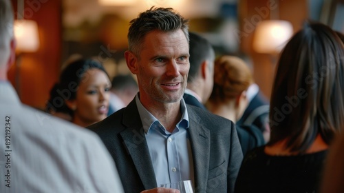 A businessman attending a networking event, engaged in conversation with other professionals. © buraratn