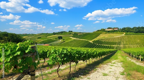 Rolling green hills dotted with vineyards and a winding dirt path leading through the rows of vines, all under a bright blue sky