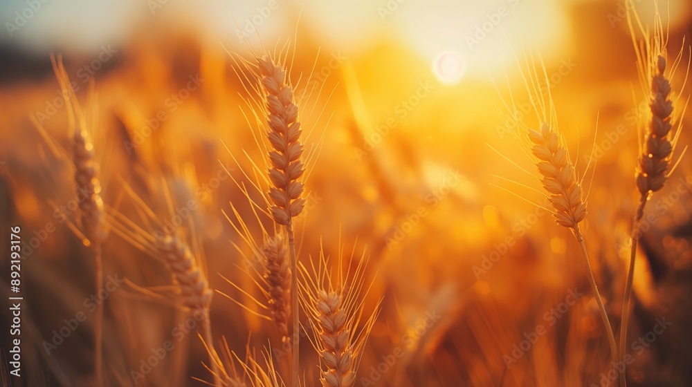 A close-up of wheat stalks swaying gently in the soft light of a setting sun, creating a picturesque scene of nature's beauty A close-up of wheat stalks swaying gently in the soft light of a setting sun, creating a picturesque scene of nature's beauty
