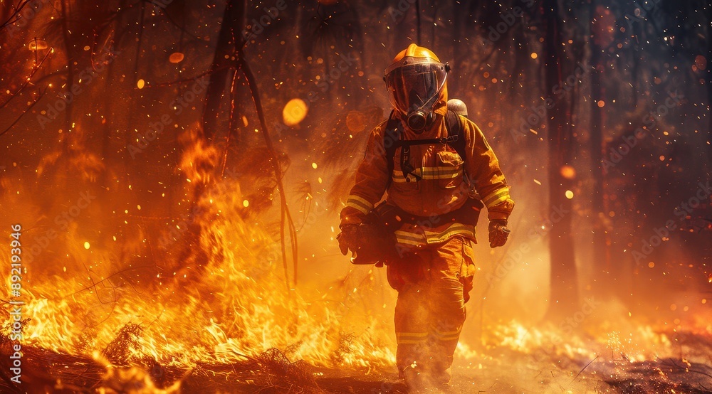 Determined firefighter in full gear confronting a raging forest fire, navigating through intense flames and smoke, showcasing heroism and resilience. Determined firefighter in full gear confronting a raging forest fire, navigating through intense flames and smoke, showcasing heroism and resilience.