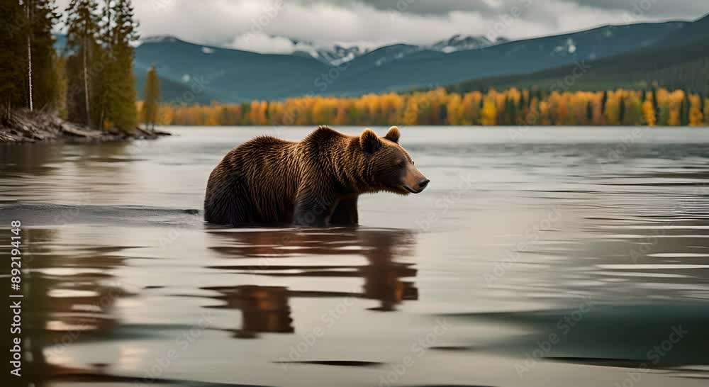 Brown Bear bathing in the lake.