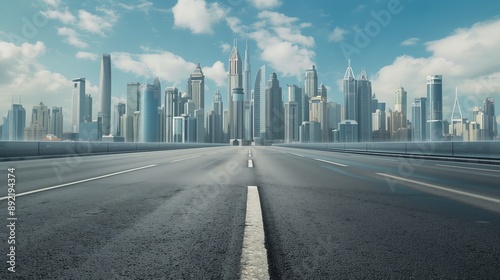 A wide highway leads towards the iconic Dubai skyline under a partly cloudy sky The image showcases modern skyscrapers and diverse architecture with an empty road stretching out symmetrically