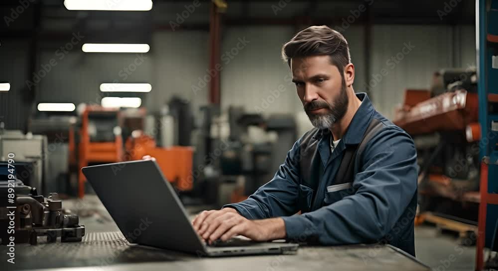 Mechanic man using a laptop in the workshop. Mechanic man using a laptop in the workshop.