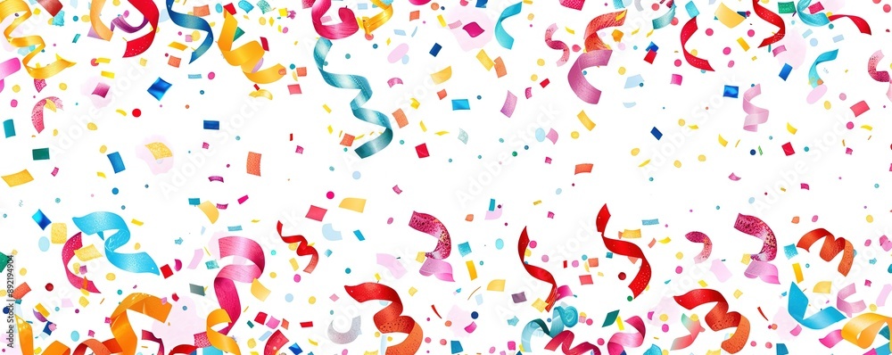 Colorful Confetti and Ribbons on White Background, Flat Lay Banner Design with Copy Space for Celebration or Partying Event, Hand Drawn Style Colorful Confetti and Ribbons on White Background, Flat Lay Banner Design with Copy Space for Celebration or Partying Event, Hand Drawn Style