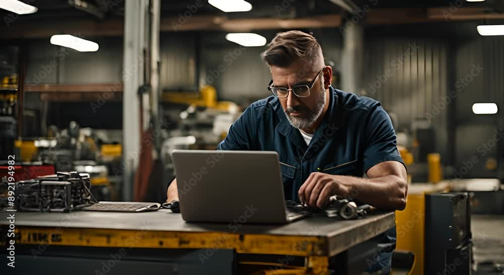 Mechanic man using a laptop in the workshop. Mechanic man using a laptop in the workshop.