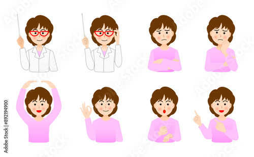ピンク色の服のパーマヘアの女性でパンフレット広告用ポーズセット