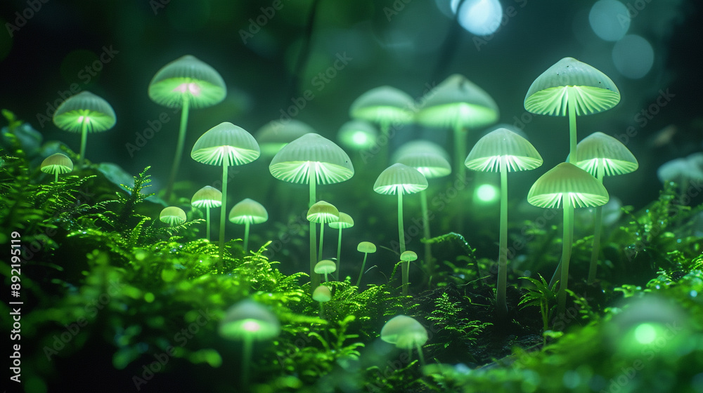 Glowing Mushroom Forest: An enchanting cluster of luminous mushrooms illuminate the forest floor, their ethereal glow creating a magical and dreamlike ambiance. Glowing Mushroom Forest: An enchanting cluster of luminous mushrooms illuminate the forest floor, their ethereal glow creating a magical and dreamlike ambiance.
