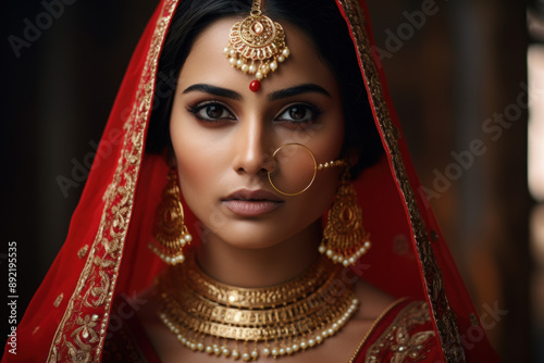 Close-Up Portrait of a Beautiful Indian Woman in a Red and Gold Lehenga with a Veil © Sweans