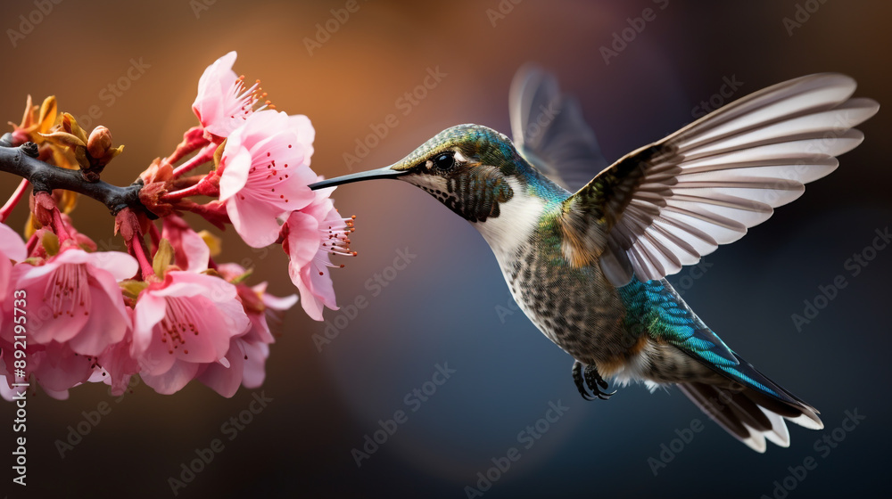 Naklejka premium Hummingbird Feeding on Pink Flower