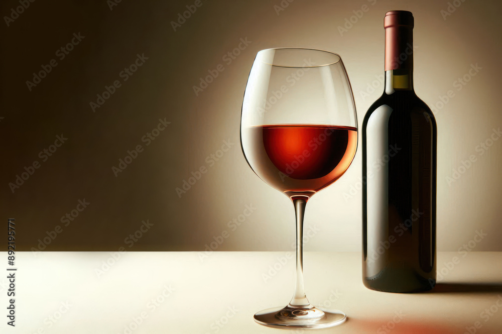 A glass of wine in front of a bottle. Space for text. A glass of wine in front of a bottle. Space for text.
