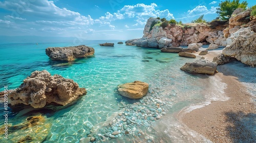 A picturesque beach with rock formations and clear water 