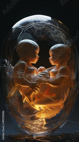 Twin fetuses in a glowing pod connected by umbilical cords Concept twin pregnancy womb life digital illustration