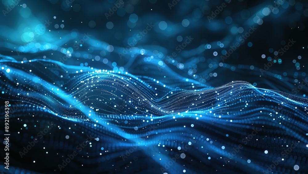Naklejka premium Abstract Blue Digital Background with Glowing Particles and Waves Representing AI Technology Concept