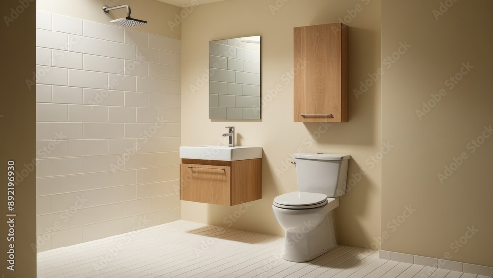 A serene, minimalist bathroom featuring a sleek, wall-mounted showerhead above a rectangular, white ceramic tile floor, with a matching white, single-sink vanity against a warm, cream-colored wall, A serene, minimalist bathroom featuring a sleek, wall-mounted showerhead above a rectangular, white ceramic tile floor, with a matching white, single-sink vanity against a warm, cream-colored wall,
