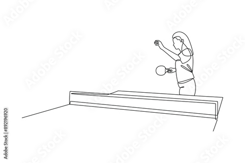 continues line art sport woman playing ping pong ball illustrator line art