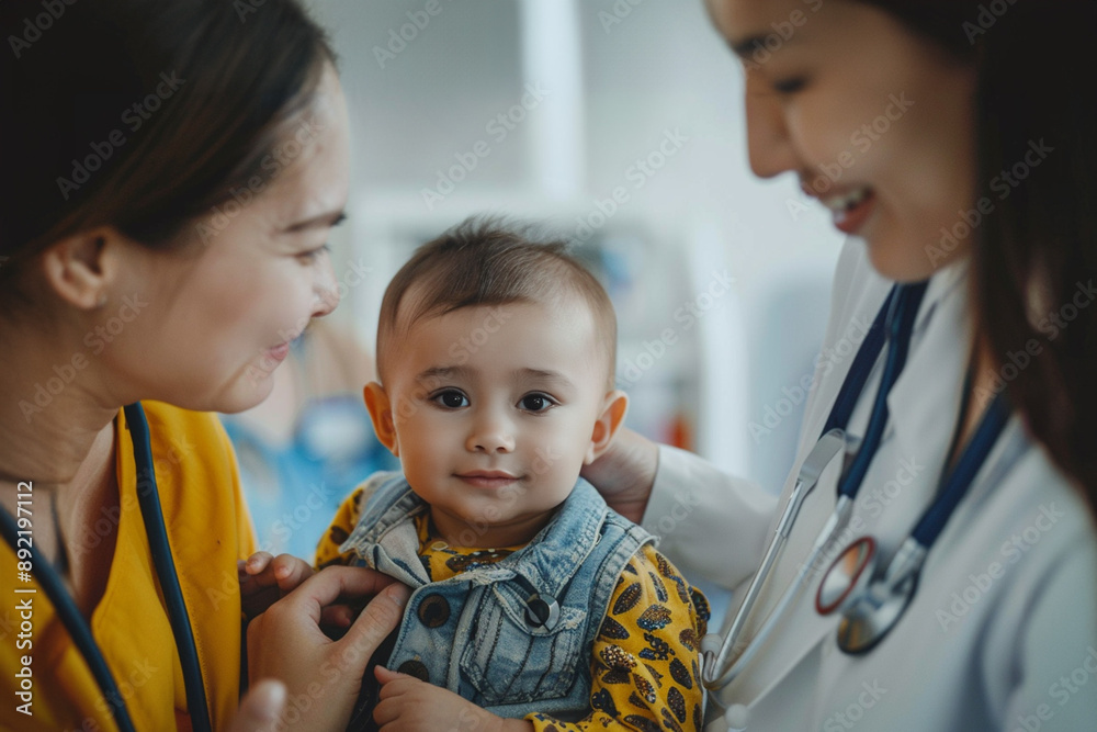happy and calm baby in the arms of a doctor in the examination room of the hospital, the baby undergoes a regular medical examination in the hospital happy and calm baby in the arms of a doctor in the examination room of the hospital, the baby undergoes a regular medical examination in the hospital