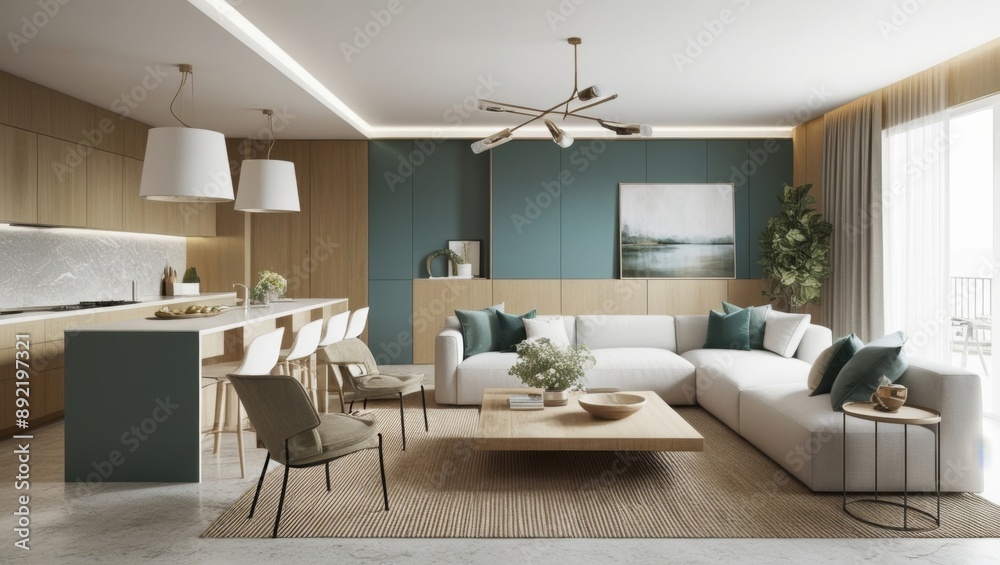 Design a modern, contemporary living room combined with a kitchen. Use calming colors in harmony with natural materials such as stone and wood Design a modern, contemporary living room combined with a kitchen. Use calming colors in harmony with natural materials such as stone and wood