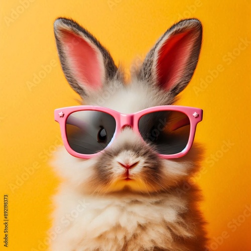 Cute easter concept holiday animal celebration greeting card- cool easter rabbit, rabbit with sunglasses, isolated on blue background © Rizal