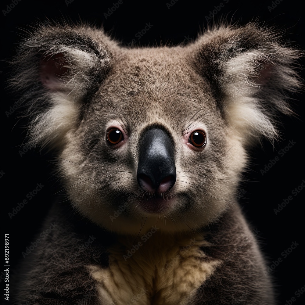 Fototapeta premium Close-up of a cute koala with big eyes, gray fur, and black nose sitting on a eucalyptus branch surrounded by green leaves in its natural habitat, exuding tranquility and charm.