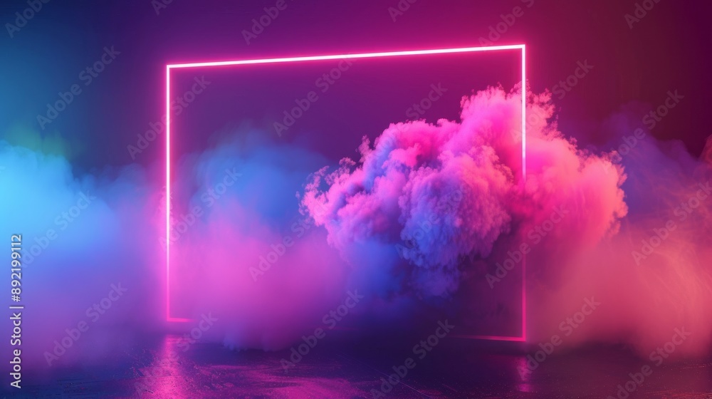 Naklejka premium Abstract neon background with glowing rectangle shape and spinning cloud. Blank geometric frame