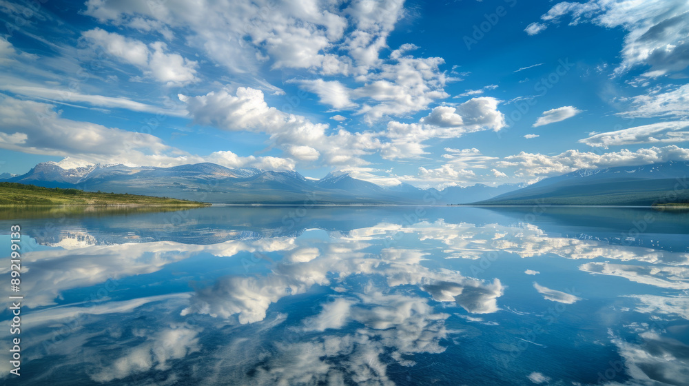 A calm lake reflecting the clouds in the sky and a distant mountain range. A calm lake reflecting the clouds in the sky and a distant mountain range.