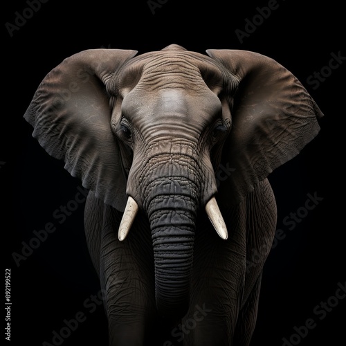 A majestic elephant with impressive tusks and wrinkled gray skin poses in a studio against a black backdrop. Its ears are spread out as it faces the camera, exuding strength and grace.