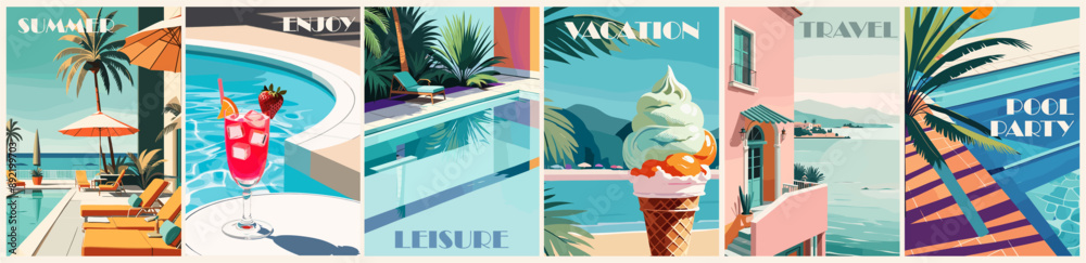 Set of summer posters in retro style with a pool, sea beach, ice cream ...