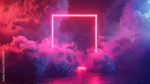 Abstract neon background with glowing rectangle shape and spinning cloud. Blank geometric frame