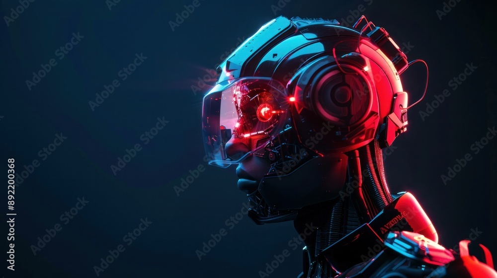 Portrait of cyber man with neon glowing armor and modern helmet with vizor. Bionomic robot. Cyberspace Portrait of cyber man with neon glowing armor and modern helmet with vizor. Bionomic robot. Cyberspace