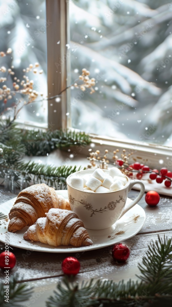 custom made wallpaper toronto digitalA cup of hot cocoa with marshmallows with a crispy and fresh croissant on a snowy windowsill and a fir branch and cranberries